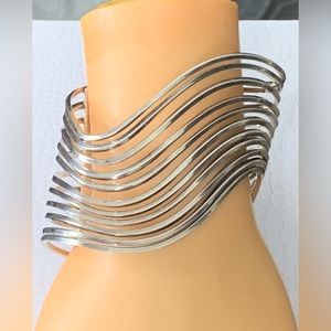 HEAVY Vintage Mexico Sterling Silver 925 MODERNIST Wavy Cuff Bracelet 7" (59 g )